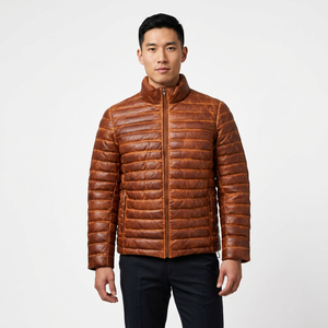 <b>Men's</b> Brown Genuine Leather puffer <b>Jacket</b> Stand Collar Zipper Closure Windproof <b>Smart</b> Casual Autumn Wear - Product Image 1