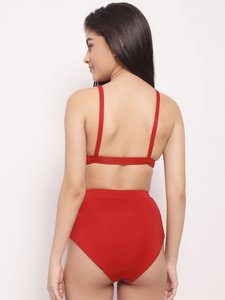 Women's <b>Red</b> <b>Bikini</b> <b>Set</b> Deep V Neck High Waist Two Piece Swimwear Stretch Spandex Polyester Solid Color Regular Fit - Product Image 3