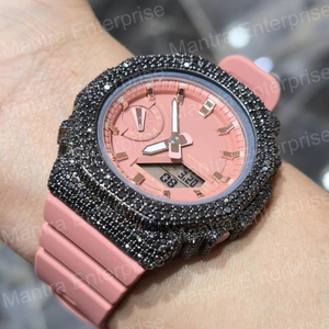 Reloj de Lujo con Incrustaciones de Moissanita Negra para Hombre, Personalizado GA2100 Casioak, Esfera Rosa, Correa de Silicona, Estilo Diamante G-5h0ck - Product Image 3
