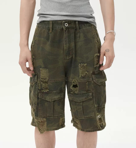 2026 Unisexe Personnalisé Camouflage Jorts Cargo en Jean Baggy de Haute Qualité, Taille Mi-Haute, avec Poches Déchirées, Style Été - Product Image 1