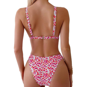 Floral Print <b>Bikini</b> <b>Set</b> High Leg Swimwear Padded <b>Triangle</b> Top Two Piece Bathing Suit Beach Outfits - Product Image 2