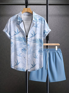 Men's 3D Fashion Summer Solid Collared Shirt Set Comfortable Short-Sleeve Shirt Pocket Drawstring Shorts 100% Cotton Quick Dry - Product Image 3