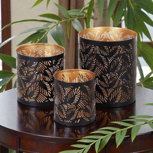 Black Steel <b>Lantern</b> <b>Set</b> With Leaf Cutout Design For Home Decoration - Product Image 2