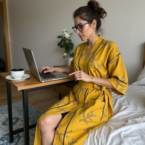 Hermoso vestido de kimono negro mostaza para mujeres de talla grande Ropa de dormir cómoda con un diseño de tubería impresionante - Product Image 1