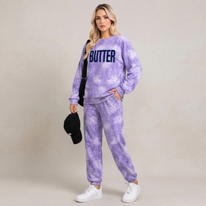 Ensemble de survêtement pour femme Butter, tie-dye vert, col rond, manches longues, coupe ample avec poches latérales, style décontracté automne - Product Image 3
