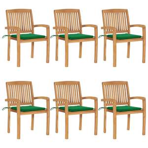 Chaises de patio empilables en teck massif avec coussins, ensemble de 6 pièces - Product Image 1