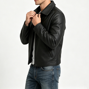 Chemise en cuir noir pour homme, col rabattu, fermeture éclair, couleur unie, coupe ajustée, longueur standard, style streetwear - Product Image 3