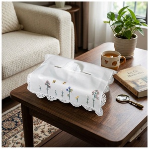 Housse de boîte à mouchoirs personnalisée avec broderie de fleurs, rectangle, bordure en dentelle, coton blanc, décoration pour la maison et l'hôtel - Product Image 1