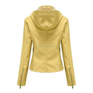 Veste en cuir jaune clair à capuche élégante pour femme avec doublure en Sherpa confortable Poches zippées Style confort d'hiver long - Product Image 2