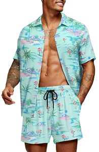 Ensemble homme, chemise à manches courtes et short assorti, imprimé feuilles tropicales, pour les vacances d'été, décontracté et coloré. - Product Image 6