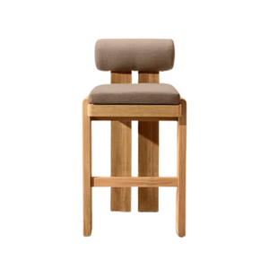 Contemporary Outdoor <b>Bar</b> <b>Stool</b> Solid Teak Round Bolster Backrest <b>Comfortable</b> Upholstered Seat Luxury Hospitality Seating - Product Image 2
