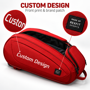 Sac de sport pour raquette de squash rouge sur mesure avec section principale zippée à ouverture supérieure, panneau imprimé frontal et poche latérale de rangement - Product Image 3