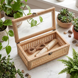 Farmhouse Design Wicker Set 3 Rattan Display <b>Box</b> <b>with</b> Glass <b>Lid</b> Decorative <b>Storage</b> Boxes Wholesale Price from Vietnam - Product Image 3
