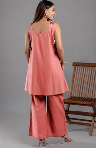 Women Cotton Kurti Set With <b>Palazzo</b> <b>Pants</b> Embroidered Floral Design Loose Fit Casual Wear Summer Outfit India Pakistan Style - Product Image 2