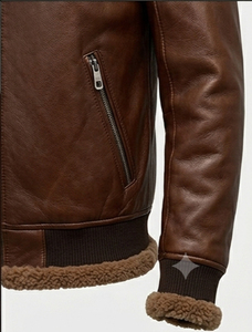 Men's B3 Brown <b>Sheepskin</b> Leather Bomber <b>Jacket</b> Windproof OEM Winter Biker Zippered Closure XS XL Available - Product Image 5