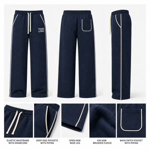 Most Selling <b>Men's</b> <b>Navy</b> Color Multipaneled Wide Leg Sweatpants Elastic Waist With Side Pockets Casual Cotton Fleece Fabric Pants - Product Image 2
