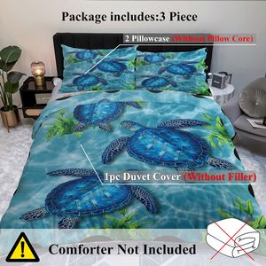 Set Copripiumino Moderno 3 Pezzi con Tartarughe Marine, Biancheria da Letto Blu Oceano Acquerello con Copriletto e Federe a Tema Tartaruga Tropicale Subacquea - Product Image 5