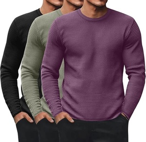 T-shirts côtelés pour hommes, coupe athlétique, en maille gaufrée thermique, col rond, coupe classique, couleur unie, décontractés, texture pop-corn - Product Image 2