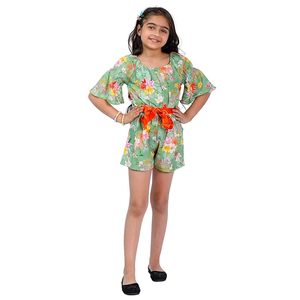 Conjunto de mono corto con estampado floral verde claro y cinturón naranja – Elegante y cómodo mono multicolor para niñas - Product Image 1