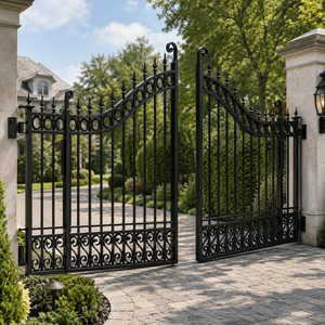 Puerta de Entrada Doble de Hierro Forjado Negro Ornamentado con Adornos de Espiga y Volteos para Seguridad en Entradas de Villas y Jardines - Product Image 2