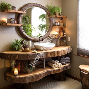 Lujoso Lavabo de Madera Maciza Artesanal Moderno y Ecológico con Espejo Incluido y Diseño Artístico de Corteza de Árbol - Product Image 5