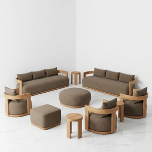 Wholesale Scandinavian Wood Sofa Set Direct Factory Curved Frame <b>Armchair</b> Ottoman Coffee Table Bulk Import Supply Private Label - Product Image 6