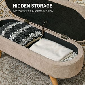 Panca contenitore moderna da ingresso da 110 cm con gambe in legno, panca imbottita beige per fondo letto, mobile da camera da letto - Product Image 4