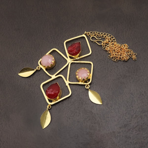 18k Gold Plated <b>Statement</b> <b>Necklace</b> Natural Agate with Rose Quartz Gemstone Jewelry - Product Image 5
