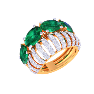 Bague élégante à large bande avec émeraudes et cinq pierres ovales en cristal vert et diamants, bijoux en or pour anniversaire et occasions spéciales - Product Image 1