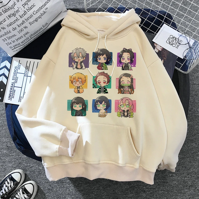 Japan Anime Demon Slayer Unisex Winter Canvas Hoodies 2000s Y2K Harajuku Cartoon Manga 100% Cotton Breathable Khaki Pullover