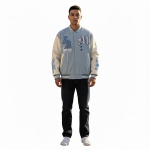 Chaqueta Varsity Azul Bebé Personalizada SHY SPORTS OEM con Mangas Crema, Letra M de Palmera de Los Ángeles, Parche de Estrella y Estampado de Llama, Chaqueta Bomber Letterman - Product Image 4