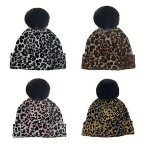 Unisex <b>Leopard</b> <b>Print</b> Beanie <b>Hat</b> With Pom Pom Winter Warm Cap Casual Style For Adults Head Circumference - Product Image 1