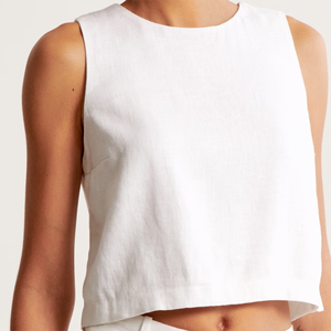 White Solid <b>Linen</b> Cotton Sleeveless Gym Tank <b>Top</b> Women Casual Two Piece Set with Button Front Short Crop Vest for Spring - Product Image 1