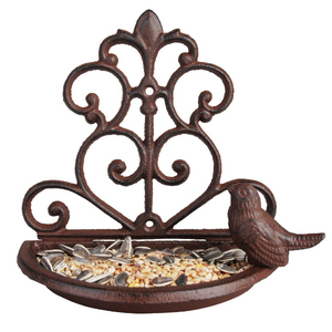 Rustic Metal <b>Wall</b> <b>Mounted</b> <b>Bird</b> <b>Feeder</b> With Ornamental Design And Perched <b>Bird</b> Detail For Outdoor Garden Use Vintage <b>Bird</b> <b>Feeder</b> - Product Image 1