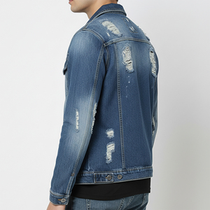 High Quality Long Loose Fit Ripped off Turn Collar Front Denim <b>Jacket</b> Man Light Blue Stone Washed Vintage 100% Cotton Wool <b>Lined</b> - Product Image 5