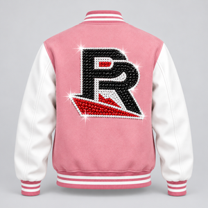 Chaqueta universitaria de animadora para mujer con letras y pedrería, estilo bomber, con ribetes acanalados de primera calidad, la mejor calidad, último diseño. - Product Image 4