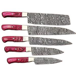 Juego de Cuchillos de Chef de Acero de Damasco de 5 Piezas, Hechos a Mano, Calidad Premium con Mango de Madera, Funda de Cuero Personalizable OEM - Product Image 1