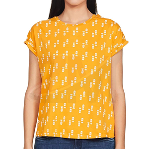 Camiseta de Manga Corta con Cuello Redondo y Estampado Geométrico Amarillo para Mujer, Informal, de Primavera/Verano, Tejida en Algodón Transpirable, Corte Regular - Product Image 1