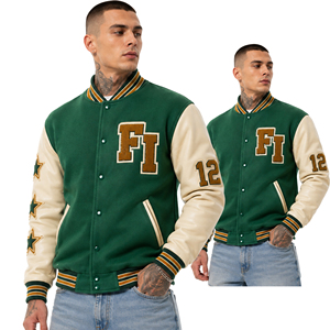 Veste de sport pour homme verte avec logo brodé et numéros, manches en cuir patchwork, col rabattu, style décontracté - Product Image 3