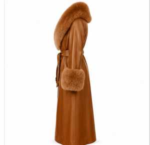 Abrigo largo de invierno para mujer, de piel sintética marrón, con cuello y puños de piel. - Product Image 2