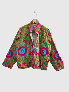 Chaqueta de Terciopelo para Mujer Talla Grande, Cuello Mao, Manga Larga, Bordado Floral a Mano, Ropa de Otoño - Product Image 1