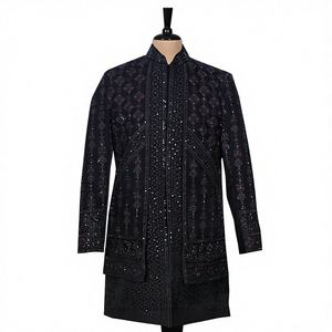 Sherwani Indo-Occidental en Velours Noir Premium pour Garçons, Tenue de Cérémonie Royale, Broderie Détaillée, Travail de Paillettes, Réversible, Spécial - Product Image 1