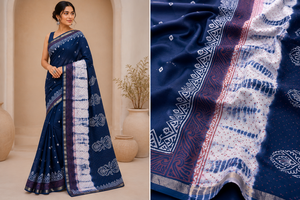 Sari en coton bleu indigo traditionnel indien avec imprimé Bandhani, vêtements ethniques pour femmes, sari tie-dye Shibori avec pièce de tissu pour la blouse - Product Image 3