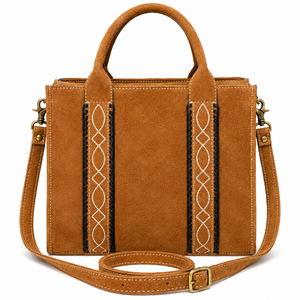 Western Genuine Suede <b>Leather</b> Top Handle <b>Bag</b> with Embroidered Stitch Detail Detachable Shoulder Strap Women's Fashion Handbag - Product Image 1