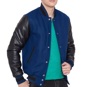 Chaqueta Varsity Azul para Hombre, de Lana, con Mangas Negras, Cuello Alto y Cierre Frontal, Estilo Casual para Otoño - Product Image 1