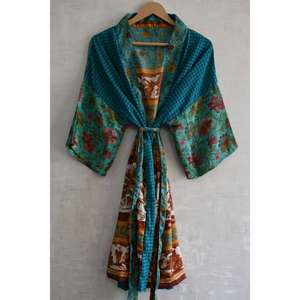 Silk Patchwork Long <b>Kimono</b> Robe Handmade Boho Bridal Dressing Gown Printed Plus Size Breathable Autumn - Product Image 1