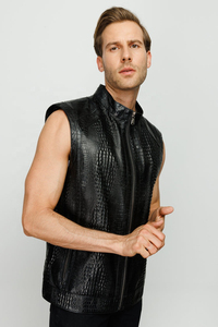 Wholesale Custom Real Leather Exotic <b>Vest</b> - High-Quality Men's Black Sleeveless <b>Jacket</b> with Stand Collar - Product Image 5