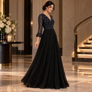 <b>Black</b> Floral Embroidered <b>Evening</b> <b>Dress</b> | V-Neck <b>Long</b> <b>Sleeve</b> Tiered A-Line Floor Length Gown with Sheer Bodice for Formal Events - Product Image 4