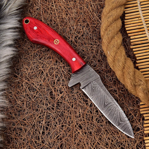 มีดล่าสัตว์ทำมือจากเหล็กกล้าไร้สนิม พร้อมด้ามจับไม้ปักก้าและปลอกหนัง ด้ามโค้งงอเพื่อความสะดวกในการใช้งาน - Product Image 3