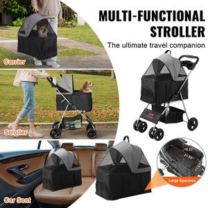 Passeggino per animali domestici a 4 ruote portante staccabile 35 libbre capacità di peso per ruotare i freni portabicchieri cesto portaoggetti nero + grigio scuro per cani - Product Image 5
